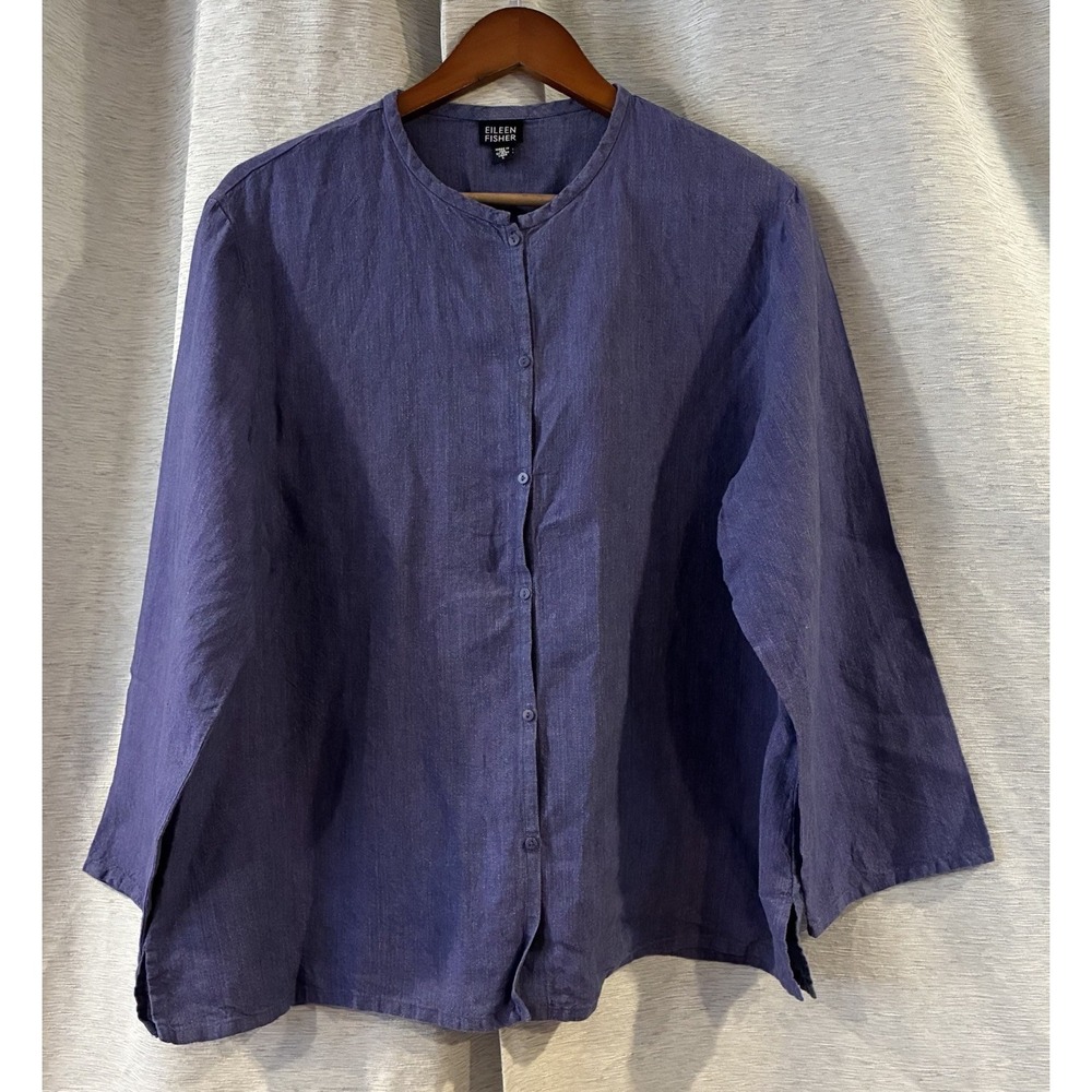 Eileen Fisher Organic Irish Linen Tunic Shirt Purple Lavender Mandarin Shacket L